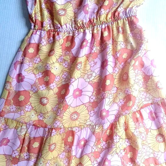 Steve Madden Pink and Yellow Flutter Sleeve Sundress Leigh Midi Chiffon Floral M - Picture 13 of 14